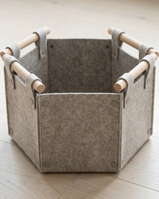 Spvxg Hexagonal Felt Snap Basket with Wood Dowel Handles Sand Gray - Lifestyle view